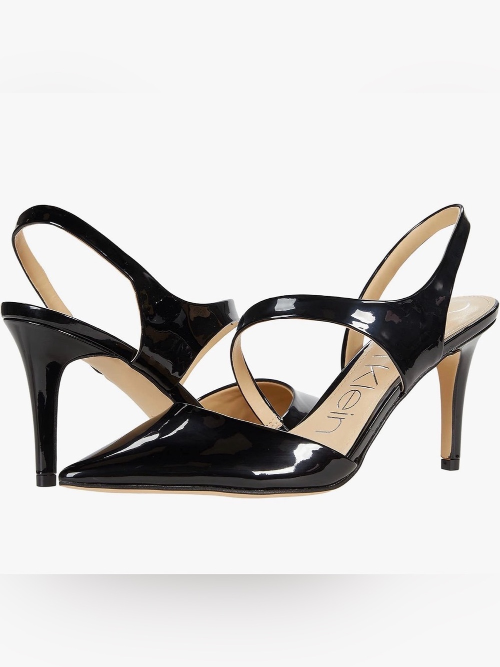NEW Calvin Klein Black Patent Slingback Pointed Pumps with Strap size 7-1/2M